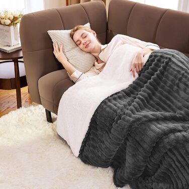 Плед WAVVE Sherpa з штучного хутра, сірий - теплий, м'який, великий (150x200 см)