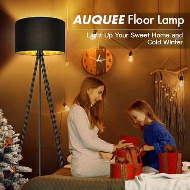 AUQUEE LED торшер для вітальні, спальні, 6W, металевий, з декоравим абажуром, вимикач на корпусі, ретро дизайн, чорно-золотий