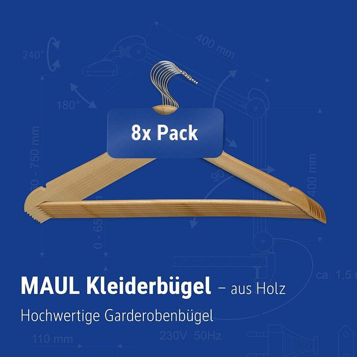 MAUL Wooden Clothes Hangers | Modern wooden hangers in a classic design | Sturdy and robust hangers for jackets, shirts and trousers made of beech wood | Natural | 8-piece set