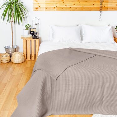 Плед LAYNENBURG Premium 180x220 см, бавовна 100%, вафельна в'язка, бежевий. Плед на ліжко, диван, софу.