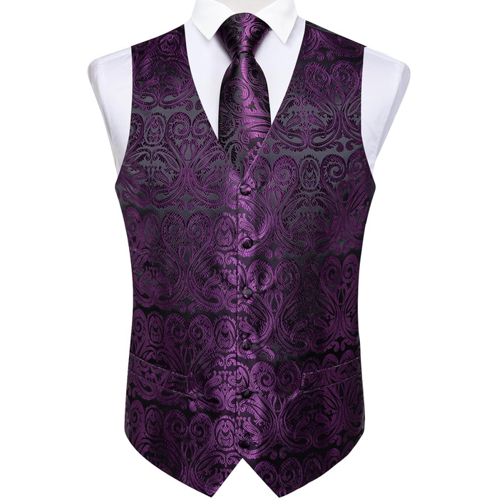 Костюмний жилет чоловічий DiBanGu для весілля з краваткою, нагрудною хустиною та краваткою-метеликом. Сріблястий візерунок пава, 3XL, фіолетовий пава