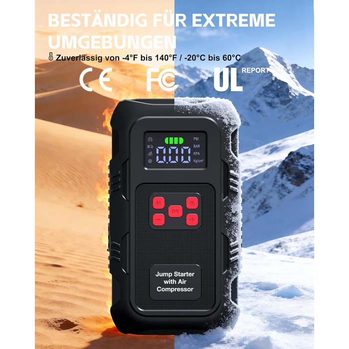 Пусковий пристрій Povasee Jump Starter 9000A з компресором 150 PSI та павербанком, автомобільний бустер 12V для бензинових та дизельних авто, з ліхтарем (Чорно-червоний)
