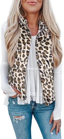 Жіноча жилетка Rapbin з м'якого флісу Teddy, тепла безрукавка на осінь/зиму, стильна та легка, однотонна жилетка, жіночий осінній верхній одяг (L, Абрикосовий, Леопард)