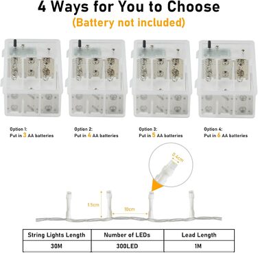 Ланцюжок прикрас для дому та саду на батарейках, 30м, 300 LED, з таймером, 8 режимів, тепле біле світло, вологостійкий, для декору кімнати, вечірки, балкону, ялинки