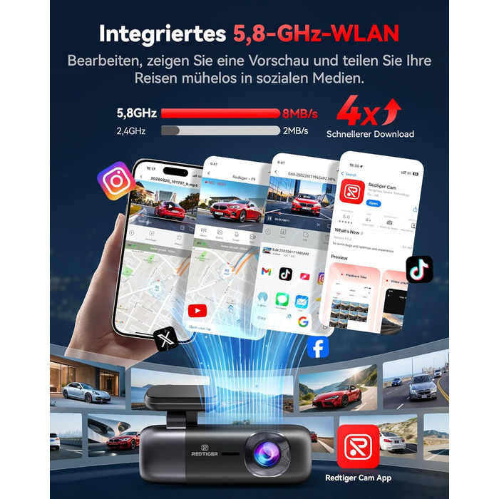 Автомобільний відеореєстратор REDTIGER 4K Ultra HD (передній та задній), GPS, 5.8GHz WiFi, нічний режим, режим паркування, підтримка карт пам'яті до 256ГБ, модель F9