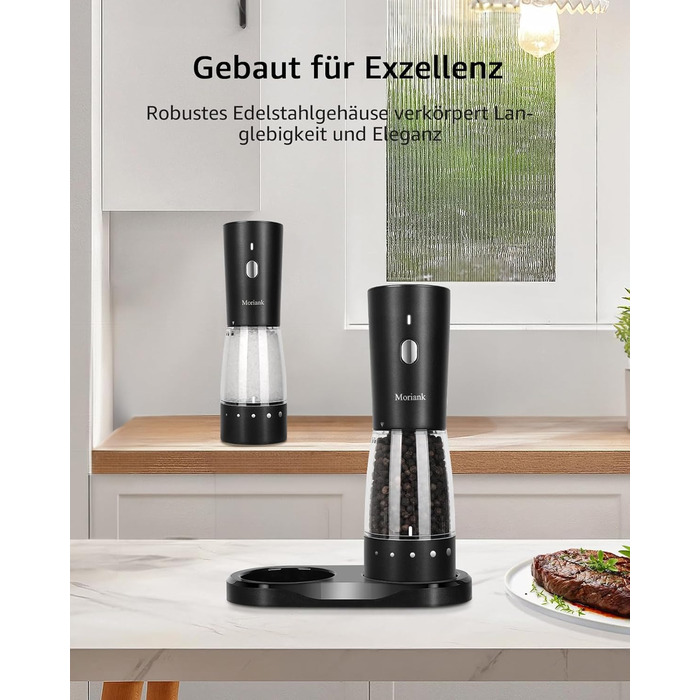 Electric Salt and Pepper Grinder Set of 2, USB Rechargeable Stainless Steel Electric Pepper Grinder with Adjustable Coarseness, Large Capacity, Elegant Storage Base