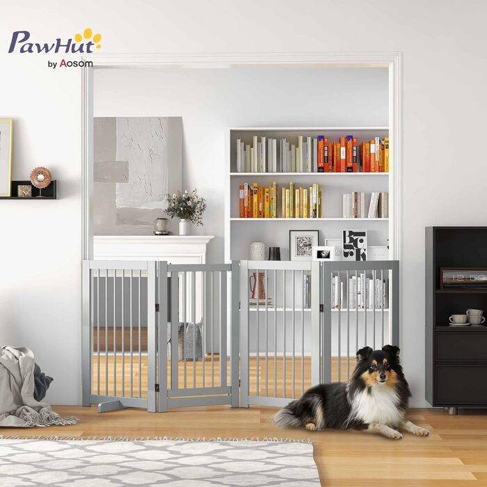 ПавГат Захисне ґратка для собак, самостійна, 204 x 75 см, 4 панелі, дерево, білий (220L x 36B x 91H cm, світло-сірий)