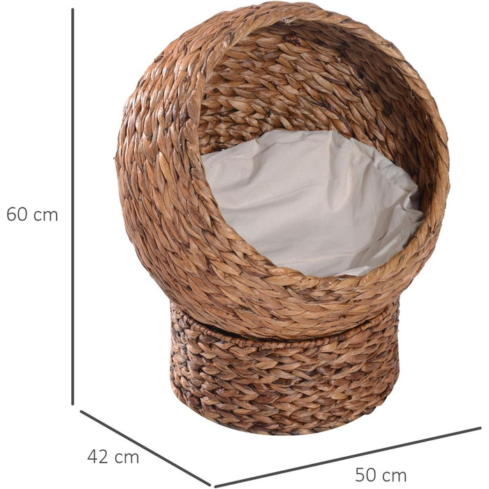 PawHut Rattan Cat Basket Cat Cave Cat House Cat Bed with Cushion Pet Bed Water Hyacinth Brown 50 x 42 x 60 cm