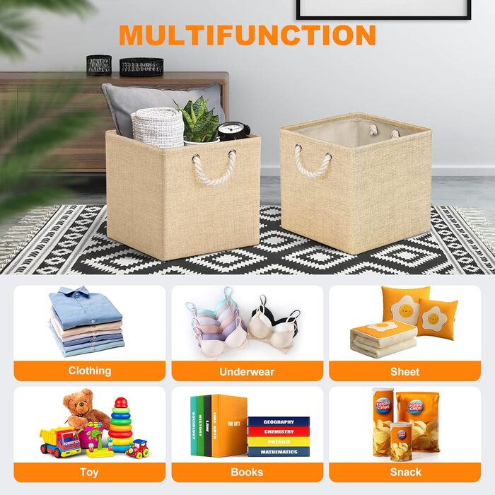 RIWNNI Storage Box Fabric 30x30 [4-Pack], Foldable Storage Box for Fabric, Ideal for Kallax Shelves, Bedroom, Kids' Room - (Beige)