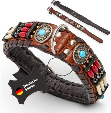 Ошийник для собак MICHUR Carlota, шкіряний, коричневий, з бірюзовими каменями, різні розміри (24-28,5 см)