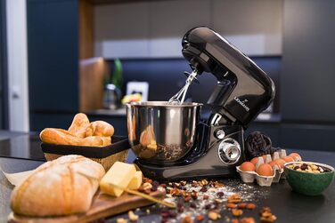 Lehmann Planetary Kitchen Machine with Stainless Steel Bowl 5 L, Multifunction Mixer 2200 W, 6 Speed Dough Machine, incl. Splash Guard, Dough Hook and Whisk (Black)