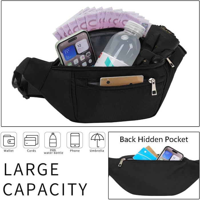 Чоловіча та жіноча поясна сумка на пояс, бананка, водонепроникна, для спорту, подорожей, кемпінгу, фітнесу, бігу (чорна)