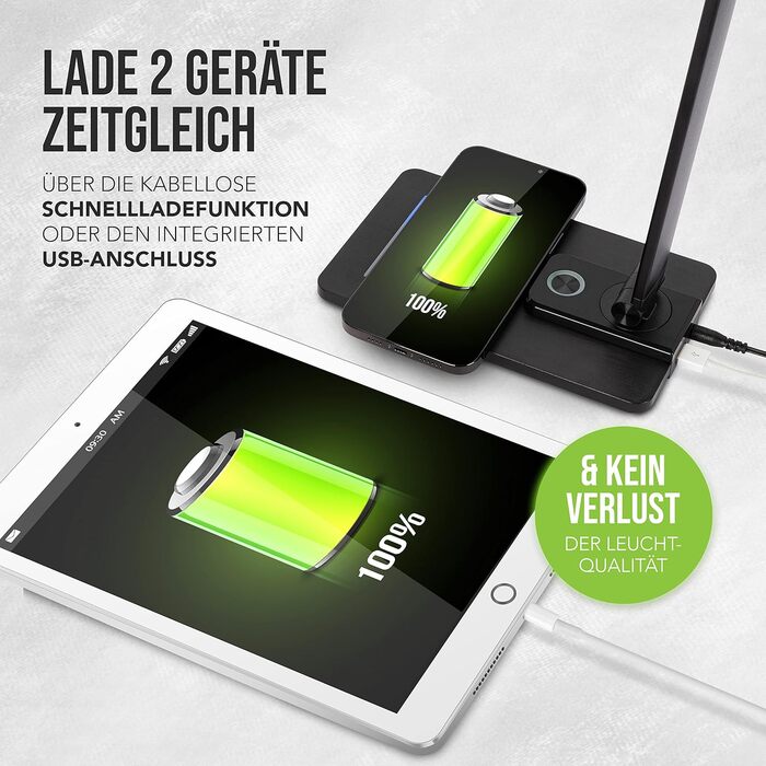 SMARTIVE LED лампа настільна з бездроговою зарядкою - офісна лампа з 10W бездротовою зарядкою, регульоване світло, USB вихід, чорний колір