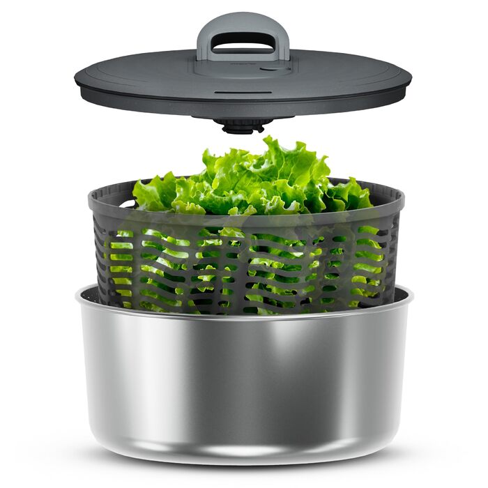 Салатозламач Zyliss Easy Spin з нержавіючої сталі, 6 л, з мотузковим приводом, миска для салатів з кришкою, BPA-free, неслизьке дно, AquaVent™-технологія, кнопка стоп, придатний для миття в посудомийній машині