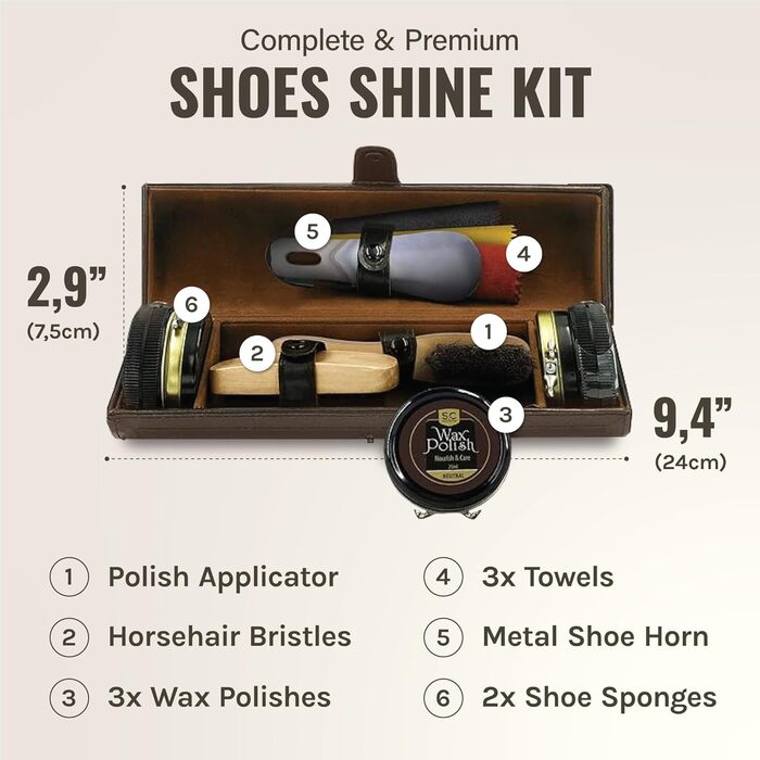 Stone & Clark 12-Piece Leather Shoe Cream & Care Set with Brown Wax, Shoe Brushes for Polishing, Compact Shoe Shine Kit with Horsehair Brushes & PU