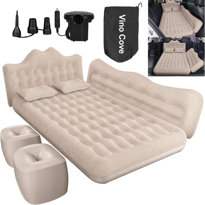Automatic Inflatable Air Mattress for SUV - Flocked Surface, 2-Pillow Air Bed for Car Trunk, Travel, Camping & Home Use (Beige, 175x107x15 cm)