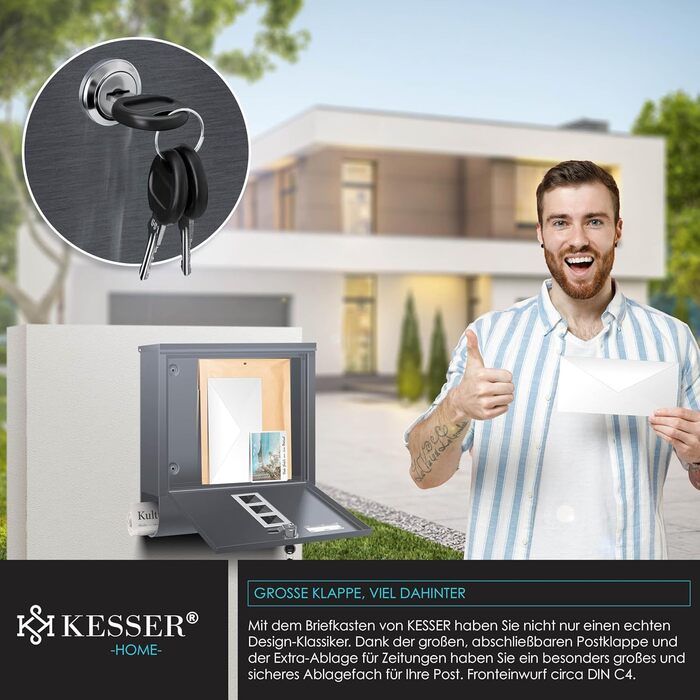 Поштова скринька KESSER® з газетницею та іменним табличкою, нержавіюча сталь, антрацит. Замок на 3 ключі, з віконцем, порошкове покриття, настінний монтаж