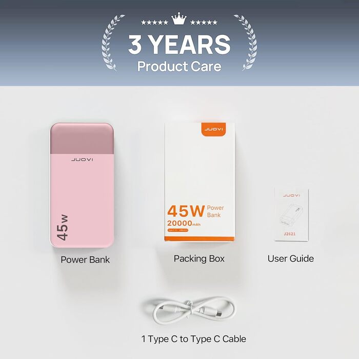 Powerbank JUOVI J2621 Рожевий, 20000mAh, 45W, для Switch, MacBook, iPhone, Samsung, Steam Deck