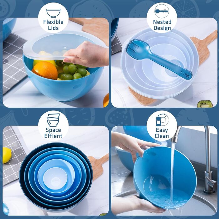 Luxear Large Mixing Bowl 0.2-6.5 L Salad Bowl Set with Lid, 6-Piece Bowl Set with Forks & Spoons, Large BPA-Free Plastic Bowls Stackable Bowl Set