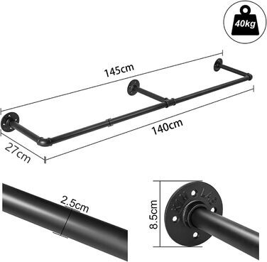 Wall-Mounted Clothes Rack, Pipe Clothes Rail, Industrial Style Wall Hanger, Detachable Metal Clothes Rod, Coat Rack, Bedroom for Hallways, Living Room, Bedroom (140cm)