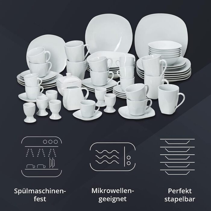 Набір посуду KHG Kombiservice 62 елементи | Білий сервіз для 6 осіб з якісного порцеляну | Класичний дизайн | З цукерницею, ложками для яєць та молочником