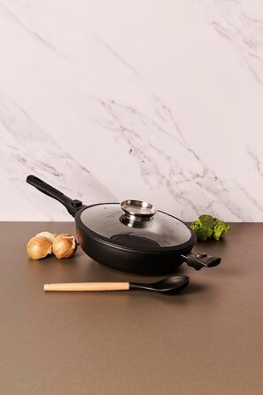 Сковорода глибока Stone&Stone Tiefe Pfanne 28 см з кришкою, індукційна, нержавіюча сталь, антипригарне покриття GREBLON C3+ (без PFOA), знімні ручки, для духовки