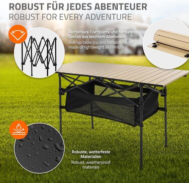 Стіл для кемпінгу Hauki, розкладний, коричневий, 118 x 55 x 64,5 см, алюмінієвий, з рулоючою стільницею, для відпочинку на природі, саду, балкону, подорожей, ринку, з сумкою (Бежевий (світле дерево))