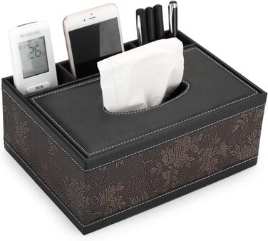 BSTKEY Rectangular Tissue Box Holder made of PU Leather with Remote Control, Storage Box (Black Flower)