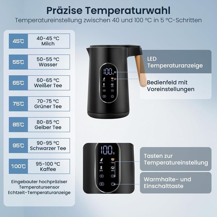 Електричний чайник VORSCH з нержавіючої сталі, 1,7 л, 2200 Вт, регулювання температури, підтримання тепла, захист від сухого кипіння, LCD-дисплей, поворотна база 360°, подвійні стінки, BPA-free, чорний з дерев'яною ручкою