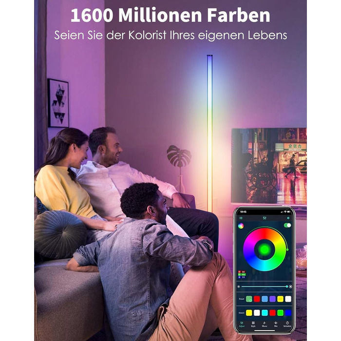 LED-стійка лампа WISIMMALL для вітальні з RGBIC, диммуванням та керуванням через додаток, 170 см, 16 мільйонів кольорів, 300 режимів, музичний синхронізація, для дому
