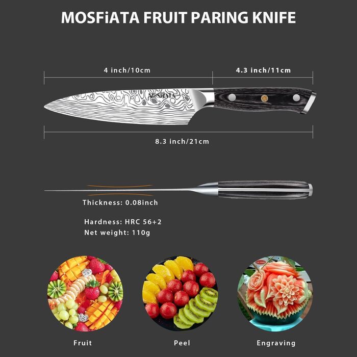 Ніж Santoku MOSFiATA 18 см з нержавіючої сталі EN 1.4116 з дерев'яною ручкою (10 см) - Кухонний ніж для нарізки