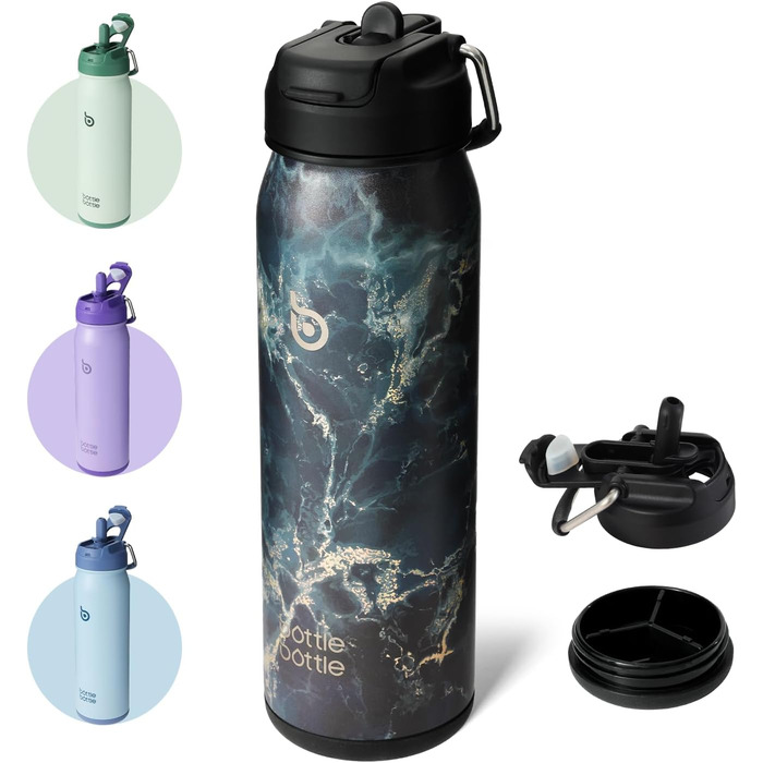 BOTTLE BOTTLE Stainless Steel Water Bottle 24oz (709ml) with Straw Handle and Pill Compartment for Outdoor School, Insulated Sports Bottle (Meteorite)