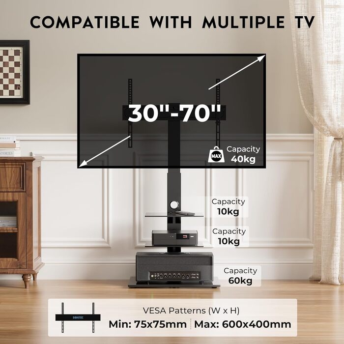 BONTEC TV Stand for 30-70 inch LED OLED LCD Plasma TVs - Adjustable Height, 3-Tier Tempered Glass Shelves, VESA 600x400, 40kg Capacity, Black