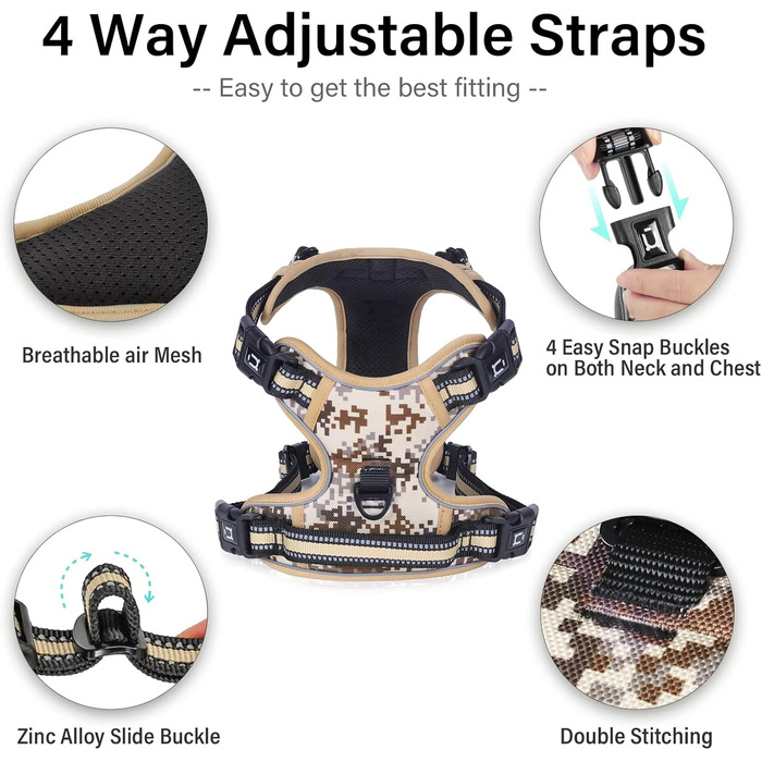 Нагрудник для собак No-Pull, анти-тягнучий, великий, середній, малий - м'який, дихаючий, регульований, світловідбиваючий, з м'якою ручкою (XL, камуфляжний коричневий)