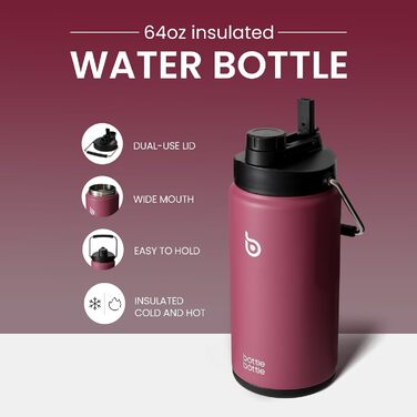 BOTTLE BOTTLE Insulated Stainless Steel Water Bottle 64oz (1.8L) with Straw, Lid, Handle & Pill Compartment – BPA-free, Leak-proof, Ideal Drinking Bottle for Sports, Fitness, Hiking & Outings (Red)