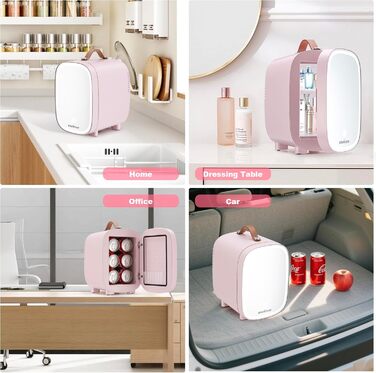 Mini-холодильник Enventor 4L (6 банок) з LED-дзеркалом, охолодження/нагрівання, рожевий