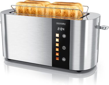 Тостер Arendo з нержавіючої сталі, 4 слоти, сенсорний екран, подвійні стінки, 1500 Вт, підставка для булочок, 6 ступенів підсмажування, центрування хліба, таймер, пам'ять, колір: сталевий