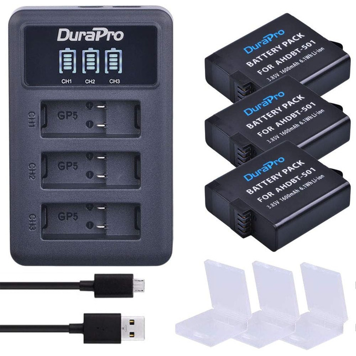 Акумулятор DuraPro 3 шт. 1600mAh для GoPro Hero 5/6/7 + Швидка зарядка LED 3 слоти USB Type-C