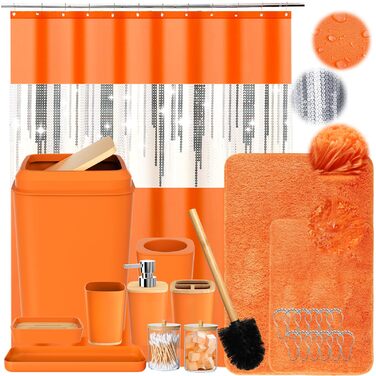 Набір аксесуарів для ванної кімнати, 9 предметів: сміттєвий бак, тримач для зубних щіток, стаканчик для зубних щіток, диспенсер для мила/лосьйону, тумбочка під раковину, мильниця, щітка для унітазу, контейнер для ватних паличок (Помаранчевий, Комплект для