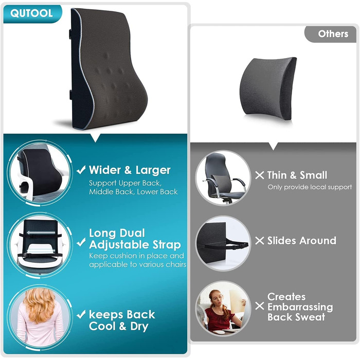 Підтримка для спини Qutool з Memory Foam, подушка для попереку для офісного/ігрового крісла, чорна