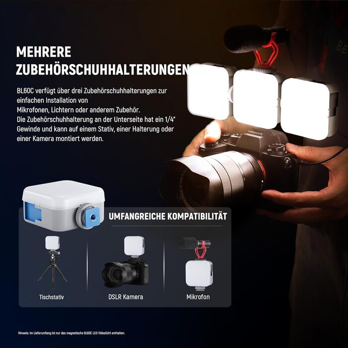 NEEWER BL60C LED-панель для відеозйомки: RGB, 8W, 2700K-7500K, портативна, з акумулятором 4000mAh, метал, CRI 97