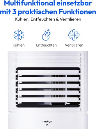 Мобільний кондиціонер MEDION E701 (7000 BTU) з випускним шлангом, для приміщень до 25м², 3-в-1 (охолодження, осушення, вентиляція), з пультом дистанційного керування та режимом сну, MD 37730