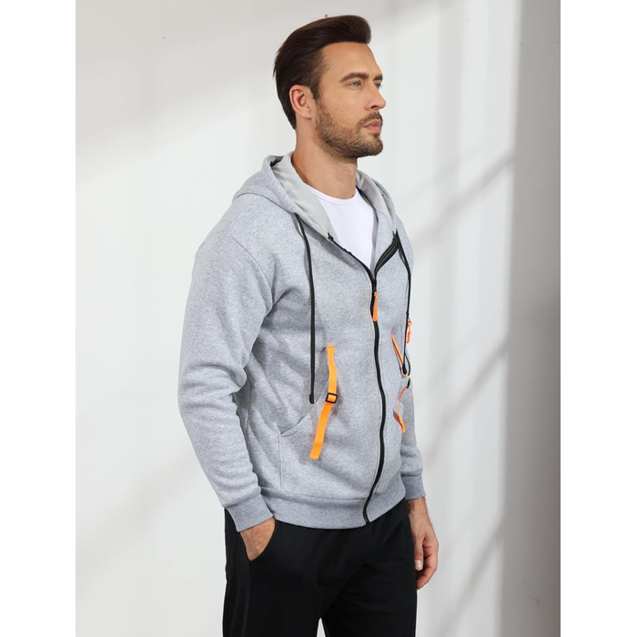 Світшот з капюшоном Aulemen для чоловіків з блискавкою, лангрукав, slim fit, декілька кишень, для повсякденного носіння та спорту, сірий, 3XL