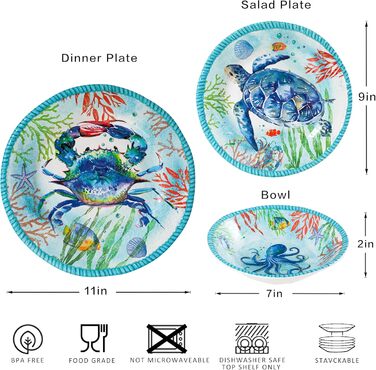 Набір посуду з меламіну, 12 предметів: 4 тарілки та миски, для дому, кемпінгу, BPA-free, безпечний для миття в посудомийній машині (Тропічний океан)