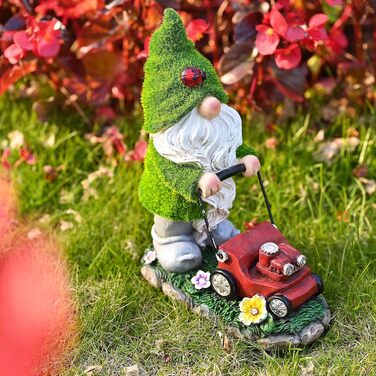TERESA'S COLLECTIONS Outdoor Garden Decor with Solar Lighting 22cm Waterproof Garden Gnome Figurines with a Lawnmower Made of Artificial Resin Garden Gnomes for Outdoor Yard Lawn Balcony