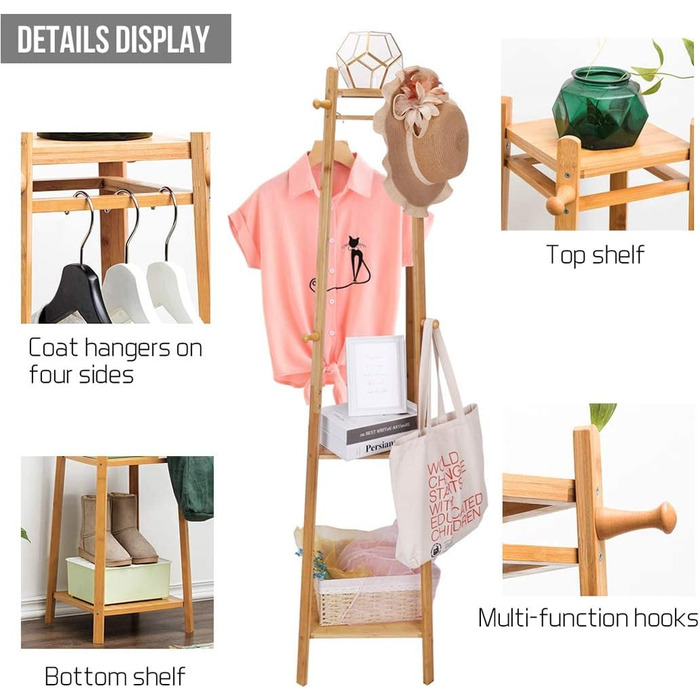 Bamboo Clothes Rack Coat Stand with 8 Hooks and 3 Shelves for Shoes, Hats, and Scarves, for Hallway, Living Room, and Guest Room