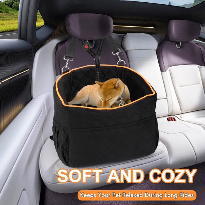Memory Foam Dog Car Seat for Small Dogs (Under 11kg) - Elevated Design with Storage Pockets