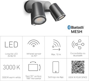 Steinel LED Spotlight DUO SC Connect, smart outdoor wall light, motion sensor, dimmable, controllable via app, schedule function, 7 W, 3000K, Anthracite