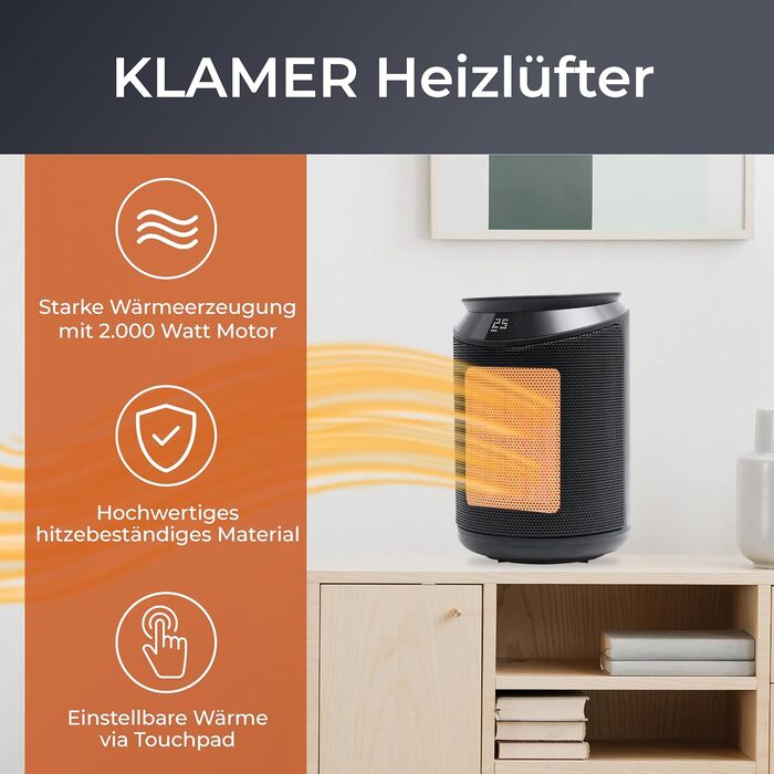 Електричний обігрівач KRAMER 2000W з PTC-керамікою, енергозберігаючий, 3 режими, таймер 9 год, термостат, захист від перегріву та перекидання, з пультом керування, для дому (чорний)
