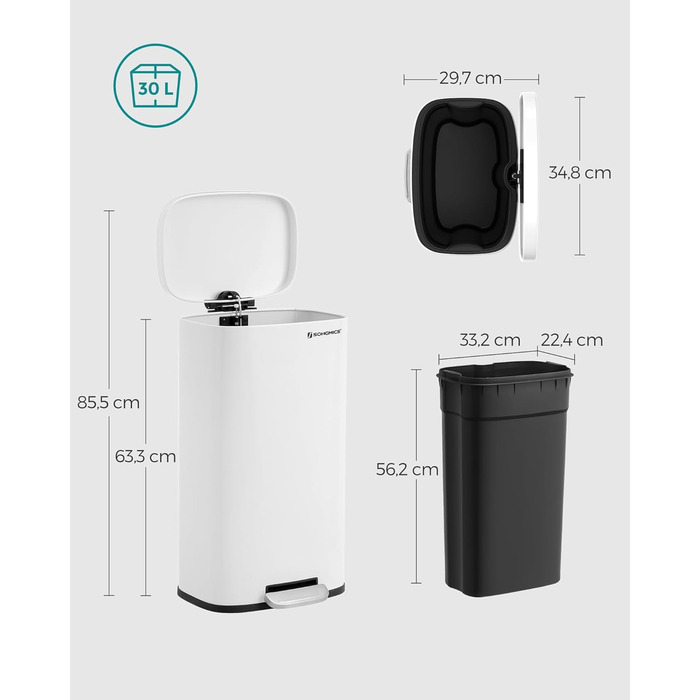 Відро для сміття SONGMICS 30 л з м'яким закриттям, сталеве, з внутрішнім відром, для кухні